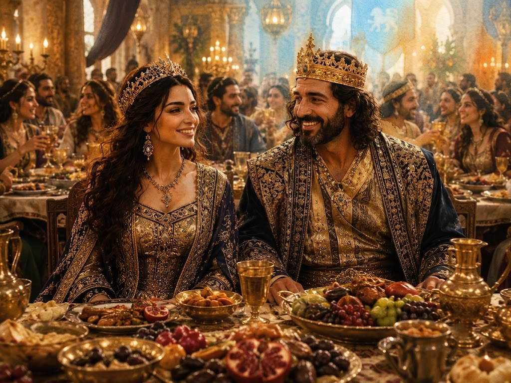 Esther : courage et foi au cœur du royaume perse Esther et Assuérus à un banquet pour célébrer la libération des Juifs.