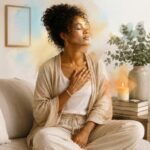 Femme en pleine réflexion et remplie de paix.