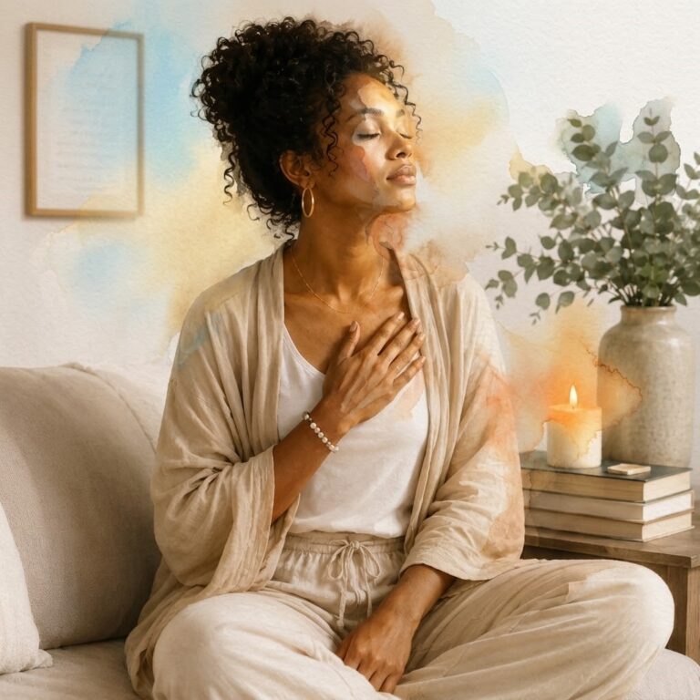 Femme en pleine réflexion et remplie de paix.