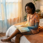 Une femme lisant paisiblement sa bible le matin dans sa chambre.